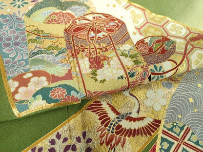 平和屋着物●訪問着　駒刺繍　地紙貝桶花熨斗文　舞蝶飛鶴宝尽くし　暈し染め　金彩　正絹　逸品　DABH9119ps