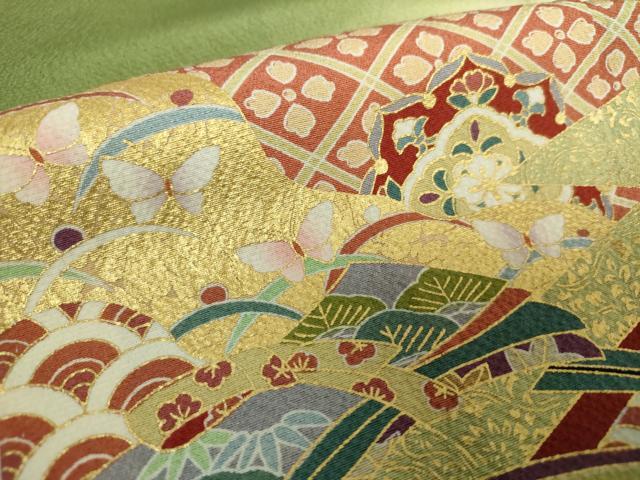 平和屋着物●訪問着　駒刺繍　地紙貝桶花熨斗文　舞蝶飛鶴宝尽くし　暈し染め　金彩　正絹　逸品　DABH9119ps