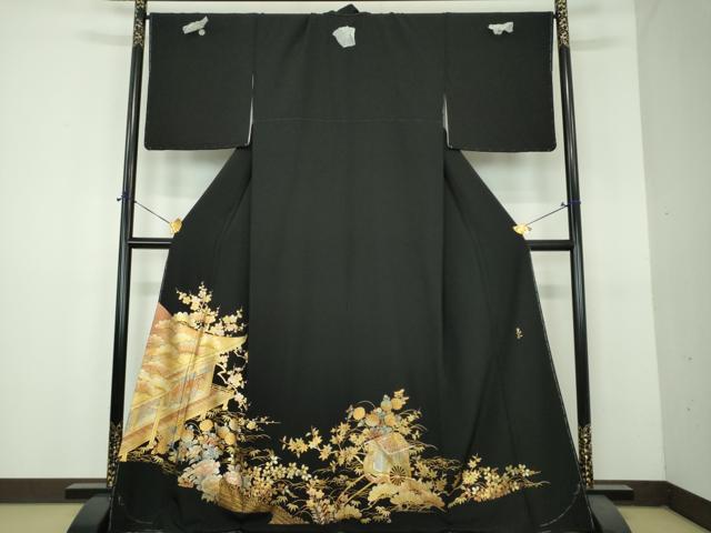 平和屋着物●金彩友禅　卓越技能者・名工・和田光正　黒留袖　御所車風景花文　金銀彩　正絹　逸品　DABH9125ps