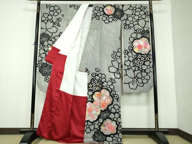 平和屋着物●豪華振袖　総絞り　駒刺繍　花手毬　黒地　金彩　正絹　逸品　DABH9136ps
