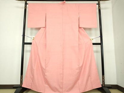 平和屋着物●結城紬　色無地　珊瑚色　正絹　逸品　DABH9137ps