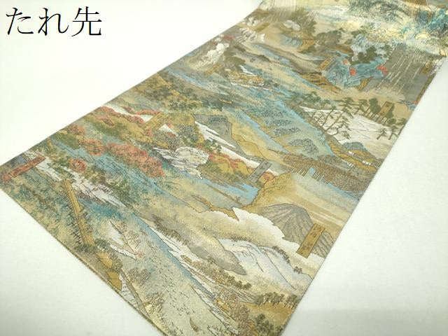 平和屋着物▼極上　西陣あさぎ　両面　全景全通柄袋帯　廣重　六十餘州名勝圖會　プラチナ本金箔　正絹　逸品　DABH9148ps