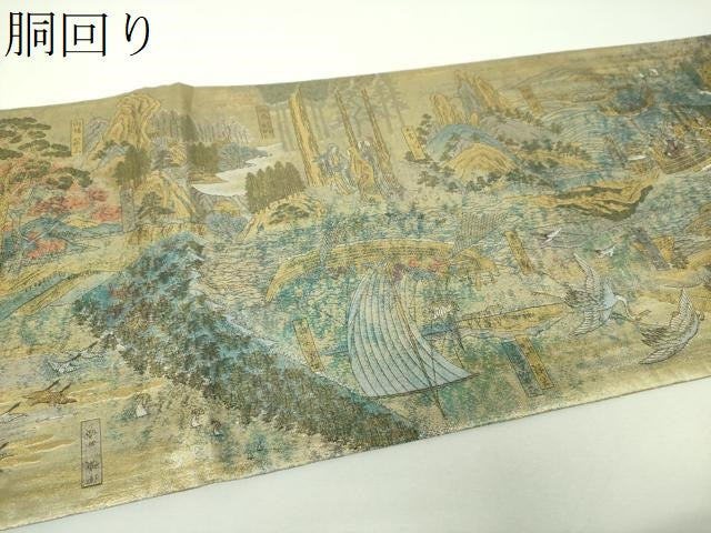 平和屋着物▼極上　西陣あさぎ　両面　全景全通柄袋帯　廣重　六十餘州名勝圖會　プラチナ本金箔　正絹　逸品　DABH9148ps