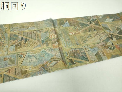 平和屋着物▼極上　西陣あさぎ　丸帯　徳川美術館秘蔵　源氏物語絵図　プラチナ本金箔　正絹　逸品　DABH9149ps
