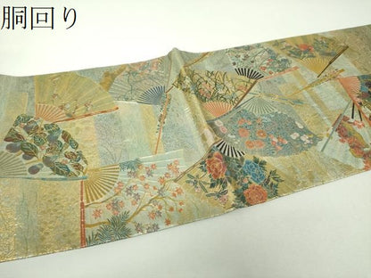 平和屋着物▼極上　西陣あさぎ　両面　全景全通柄袋帯　琳派三十六華扇　プラチナ本金箔　正絹　逸品　DABH9151ps