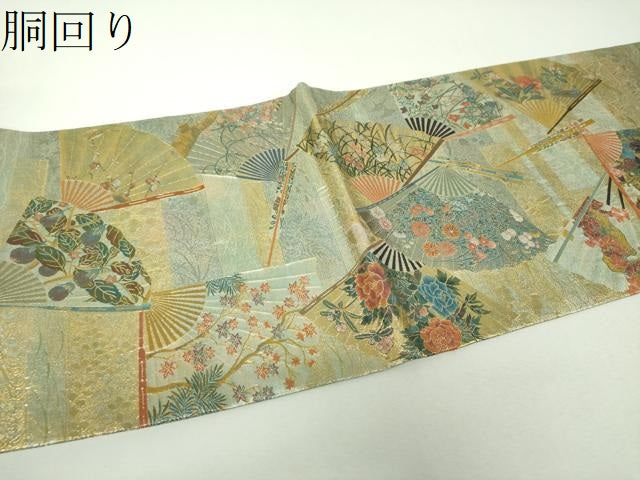 平和屋着物▼極上　西陣あさぎ　両面　全景全通柄袋帯　琳派三十六華扇　プラチナ本金箔　正絹　逸品　DABH9151ps