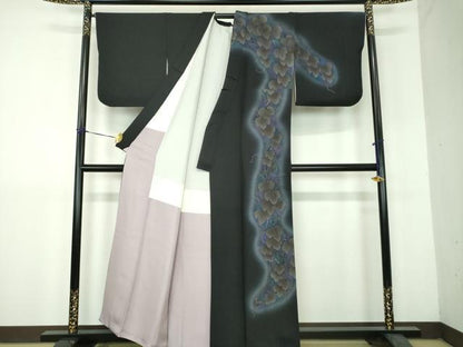 平和屋着物●東京友禅　菅有鬼一　訪問着　蔦の葉文　暈し染め　黒地　金彩　正絹　逸品　DABH9160ps