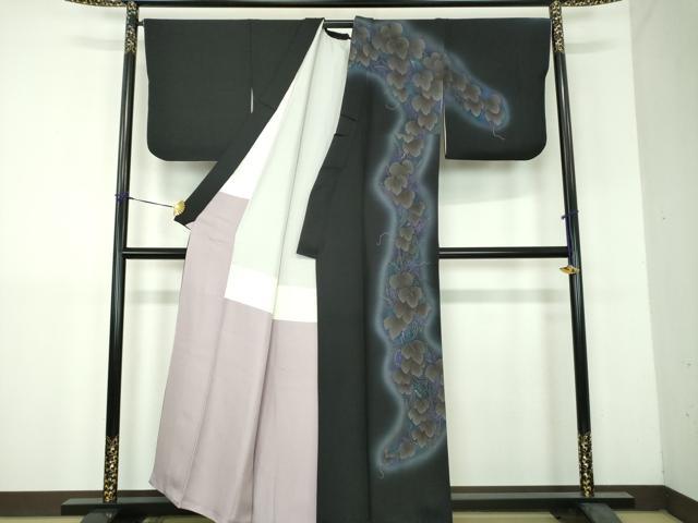 平和屋着物●東京友禅　菅有鬼一　訪問着　蔦の葉文　暈し染め　黒地　金彩　正絹　逸品　DABH9160ps