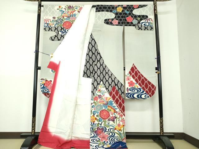 平和屋着物●豪華振袖　紅型　流水籬花鳥文　正絹　逸品　DABH9163ps