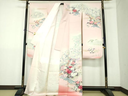 平和屋着物●豪華振袖　風景花文　暈し染め　銀通し地　正絹　逸品　DABH9164ps