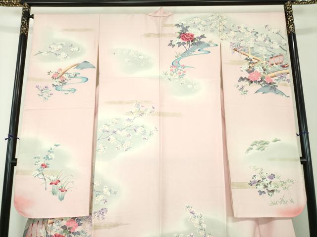 平和屋着物●豪華振袖　風景花文　暈し染め　銀通し地　正絹　逸品　DABH9164ps