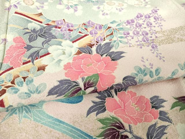 平和屋着物●豪華振袖　風景花文　暈し染め　銀通し地　正絹　逸品　DABH9164ps