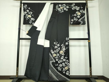 平和屋着物●訪問着　刺繍　絞り　草花文　黒地　金彩　正絹　逸品　DABH9167ps