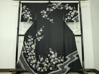 平和屋着物●訪問着　刺繍　絞り　草花文　黒地　金彩　正絹　逸品　DABH9167ps