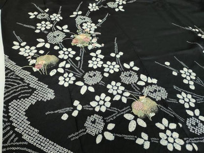 平和屋着物●訪問着　刺繍　絞り　草花文　黒地　金彩　正絹　逸品　DABH9167ps