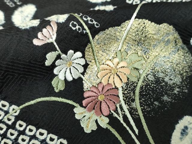 平和屋着物●訪問着　刺繍　絞り　草花文　黒地　金彩　正絹　逸品　DABH9167ps