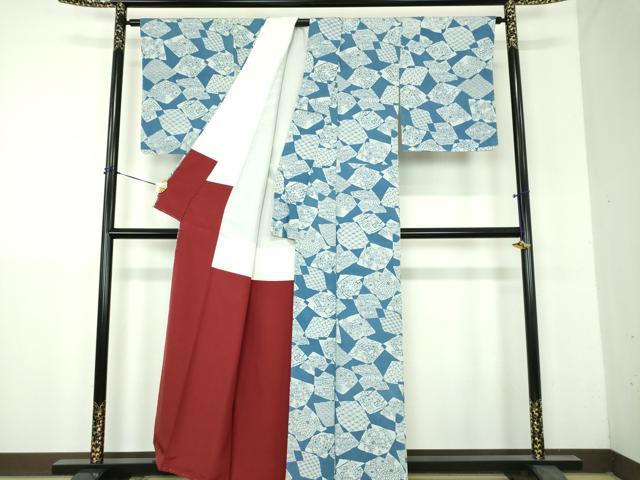平和屋着物●上質な小紋 型染 藍 色紙花文 正絹 逸品 未使用 DABH9176ps