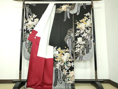 平和屋着物●豪華振袖　絞り　御所車花文　黒地　金銀彩　京都きもの友禅扱い　正絹　逸品　DABH9183ps