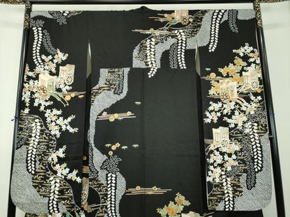 平和屋着物●豪華振袖　絞り　御所車花文　黒地　金銀彩　京都きもの友禅扱い　正絹　逸品　DABH9183ps
