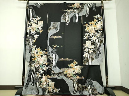 平和屋着物●豪華振袖　絞り　御所車花文　黒地　金銀彩　京都きもの友禅扱い　正絹　逸品　DABH9183ps