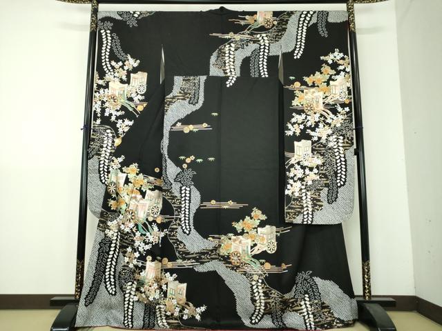 平和屋着物●豪華振袖　絞り　御所車花文　黒地　金銀彩　京都きもの友禅扱い　正絹　逸品　DABH9183ps