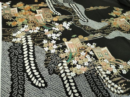 平和屋着物●豪華振袖　絞り　御所車花文　黒地　金銀彩　京都きもの友禅扱い　正絹　逸品　DABH9183ps
