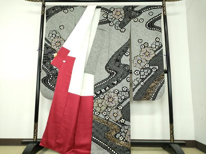 平和屋着物●豪華振袖　絞り　吉祥花文　黒地　金彩　正絹　逸品　DABH9196ps