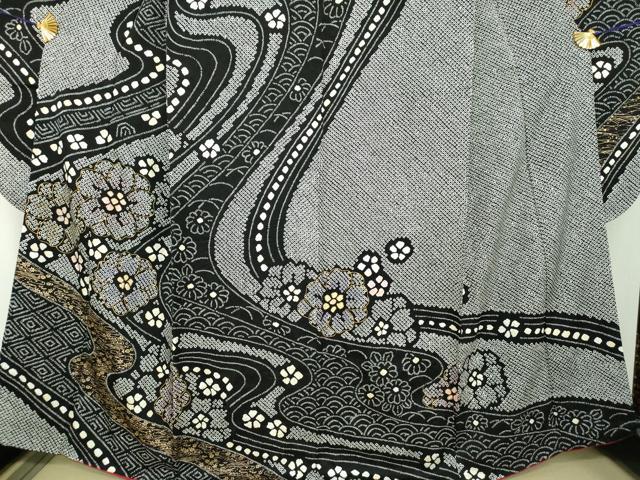 平和屋着物●豪華振袖　絞り　吉祥花文　黒地　金彩　正絹　逸品　DABH9196ps