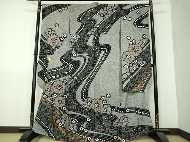 平和屋着物●豪華振袖　絞り　吉祥花文　黒地　金彩　正絹　逸品　DABH9196ps