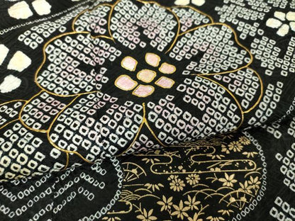 平和屋着物●豪華振袖　絞り　吉祥花文　黒地　金彩　正絹　逸品　DABH9196ps