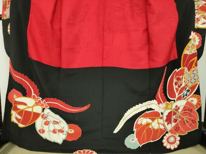 平和屋本店●アンティーク　大正ロマン　振袖　駒刺繍　鼓吉祥鳳凰花文　黒地　金銀彩　正絹　逸品　DABH9223ps