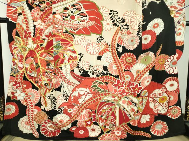 平和屋本店●アンティーク　大正ロマン　振袖　駒刺繍　鼓吉祥鳳凰花文　黒地　金銀彩　正絹　逸品　DABH9223ps
