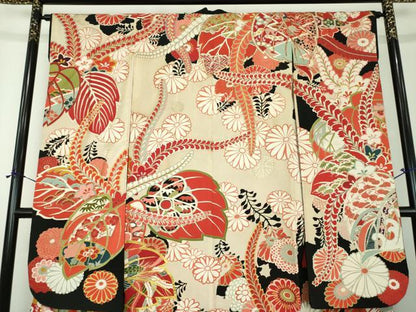 平和屋本店●アンティーク　大正ロマン　振袖　駒刺繍　鼓吉祥鳳凰花文　黒地　金銀彩　正絹　逸品　DABH9223ps