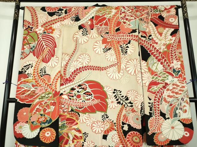 平和屋本店●アンティーク　大正ロマン　振袖　駒刺繍　鼓吉祥鳳凰花文　黒地　金銀彩　正絹　逸品　DABH9223ps