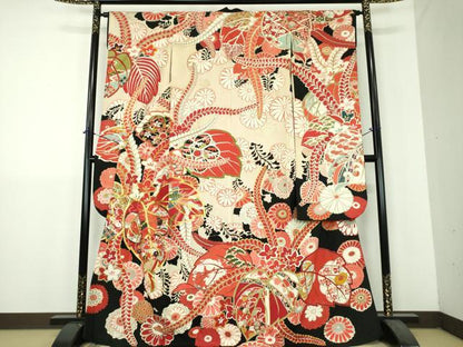 平和屋本店●アンティーク　大正ロマン　振袖　駒刺繍　鼓吉祥鳳凰花文　黒地　金銀彩　正絹　逸品　DABH9223ps