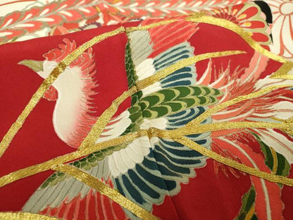 平和屋本店●アンティーク　大正ロマン　振袖　駒刺繍　鼓吉祥鳳凰花文　黒地　金銀彩　正絹　逸品　DABH9223ps