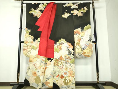 平和屋本店●アンティーク　大正ロマン　振袖　駒刺繍　手描き　飛鶴御所車花文　暈し染め　黒地　金彩　正絹　逸品　DABH9224ps
