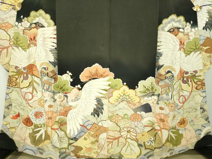 平和屋本店●アンティーク　大正ロマン　振袖　駒刺繍　手描き　飛鶴御所車花文　暈し染め　黒地　金彩　正絹　逸品　DABH9224ps