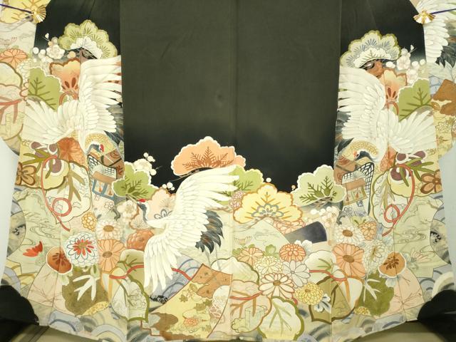 平和屋本店●アンティーク　大正ロマン　振袖　駒刺繍　手描き　飛鶴御所車花文　暈し染め　黒地　金彩　正絹　逸品　DABH9224ps