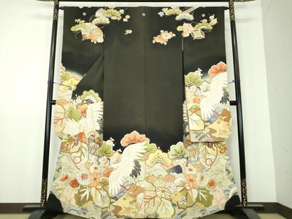 平和屋本店●アンティーク　大正ロマン　振袖　駒刺繍　手描き　飛鶴御所車花文　暈し染め　黒地　金彩　正絹　逸品　DABH9224ps