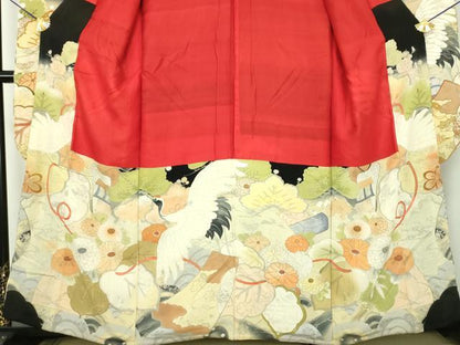 平和屋本店●アンティーク　大正ロマン　振袖　駒刺繍　手描き　飛鶴御所車花文　暈し染め　黒地　金彩　正絹　逸品　DABH9224ps