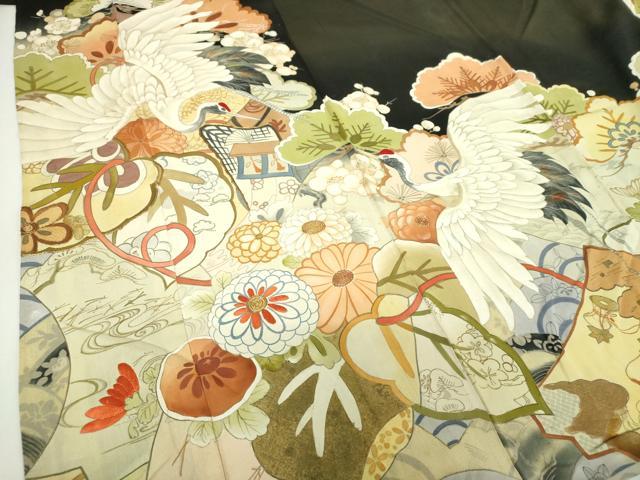 平和屋本店●アンティーク　大正ロマン　振袖　駒刺繍　手描き　飛鶴御所車花文　暈し染め　黒地　金彩　正絹　逸品　DABH9224ps