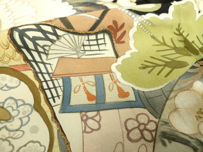 平和屋本店●アンティーク　大正ロマン　振袖　駒刺繍　手描き　飛鶴御所車花文　暈し染め　黒地　金彩　正絹　逸品　DABH9224ps