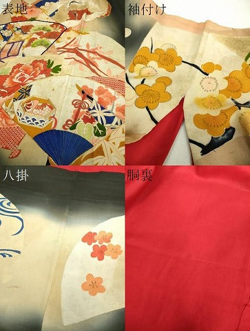 平和屋本店●アンティーク　大正ロマン　振袖　駒刺繍　扇面御所車飛鶴花文　暈し染め　黒地　金糸　正絹　逸品　DABH9225ps