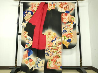 平和屋本店●アンティーク　大正ロマン　振袖　駒刺繍　扇面御所車飛鶴花文　暈し染め　黒地　金糸　正絹　逸品　DABH9225ps