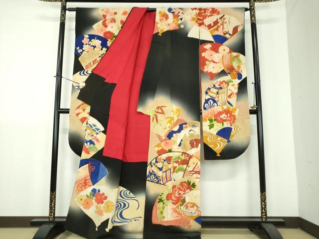 平和屋本店●アンティーク　大正ロマン　振袖　駒刺繍　扇面御所車飛鶴花文　暈し染め　黒地　金糸　正絹　逸品　DABH9225ps