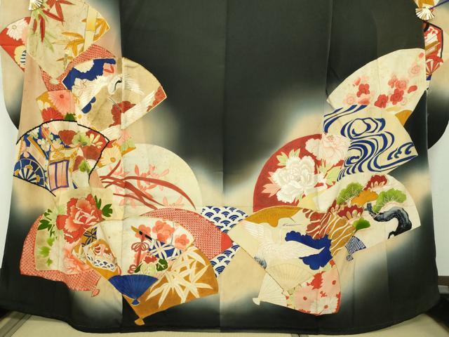 平和屋本店●アンティーク　大正ロマン　振袖　駒刺繍　扇面御所車飛鶴花文　暈し染め　黒地　金糸　正絹　逸品　DABH9225ps