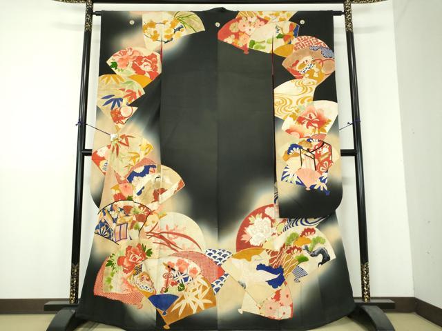 平和屋本店●アンティーク　大正ロマン　振袖　駒刺繍　扇面御所車飛鶴花文　暈し染め　黒地　金糸　正絹　逸品　DABH9225ps