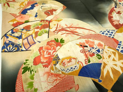 平和屋本店●アンティーク　大正ロマン　振袖　駒刺繍　扇面御所車飛鶴花文　暈し染め　黒地　金糸　正絹　逸品　DABH9225ps