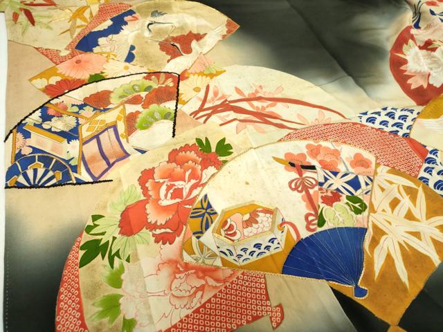 平和屋本店●アンティーク　大正ロマン　振袖　駒刺繍　扇面御所車飛鶴花文　暈し染め　黒地　金糸　正絹　逸品　DABH9225ps